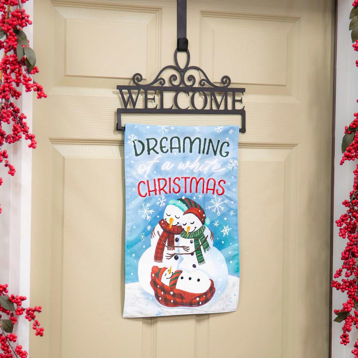 Welcome Garden Flag Over-Door Hanger black wrought-iron sign with scrolls for Christmas decor on Tampa Home & Garden Store