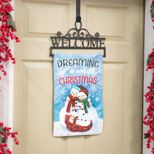 Welcome Garden Flag Over-Door Hanger black wrought-iron sign with scrolls for Christmas decor on Tampa Home & Garden Store