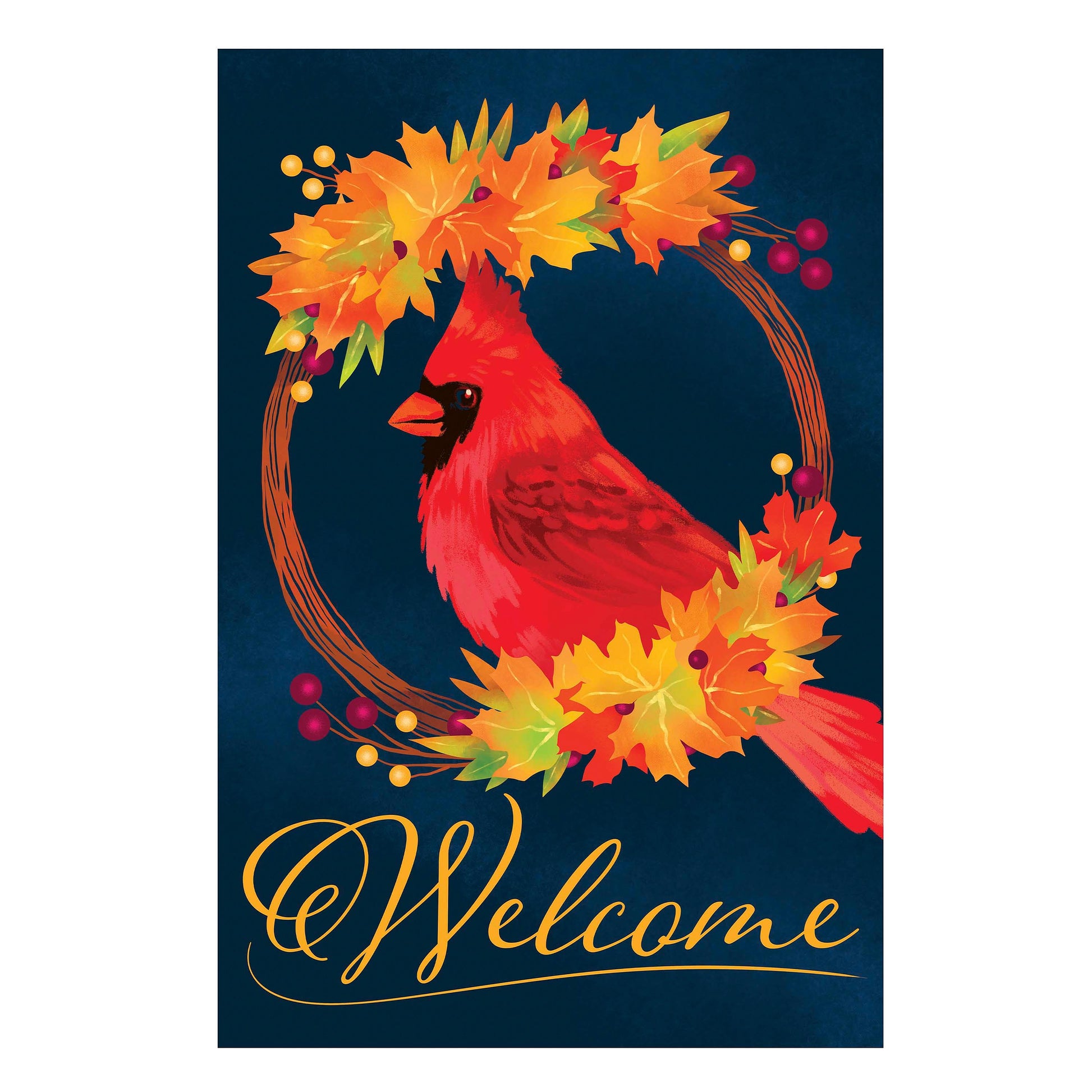 Fall Cardinal Wreath Burlap House Flag with vibrant autumn leaves and red cardinal on blue on Tampa Home & Garden Store