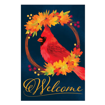 Fall Cardinal Wreath Burlap House Flag with vibrant autumn leaves and red cardinal on blue on Tampa Home & Garden Store