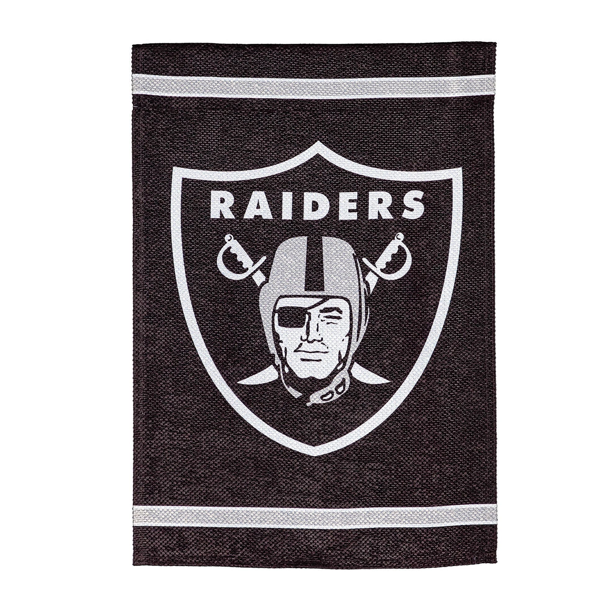 Las Vegas Raiders suede flag with white shield logo on dark brown backdrop on Tampa Home & Garden Store