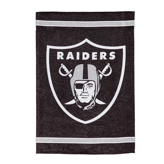 Las Vegas Raiders suede flag with white shield logo on dark brown backdrop on Tampa Home & Garden Store