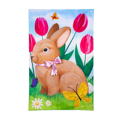 Applique house flag Tulips and Bunny Friend with bunny among pink tulips on blue sky on Tampa Home & Garden Store