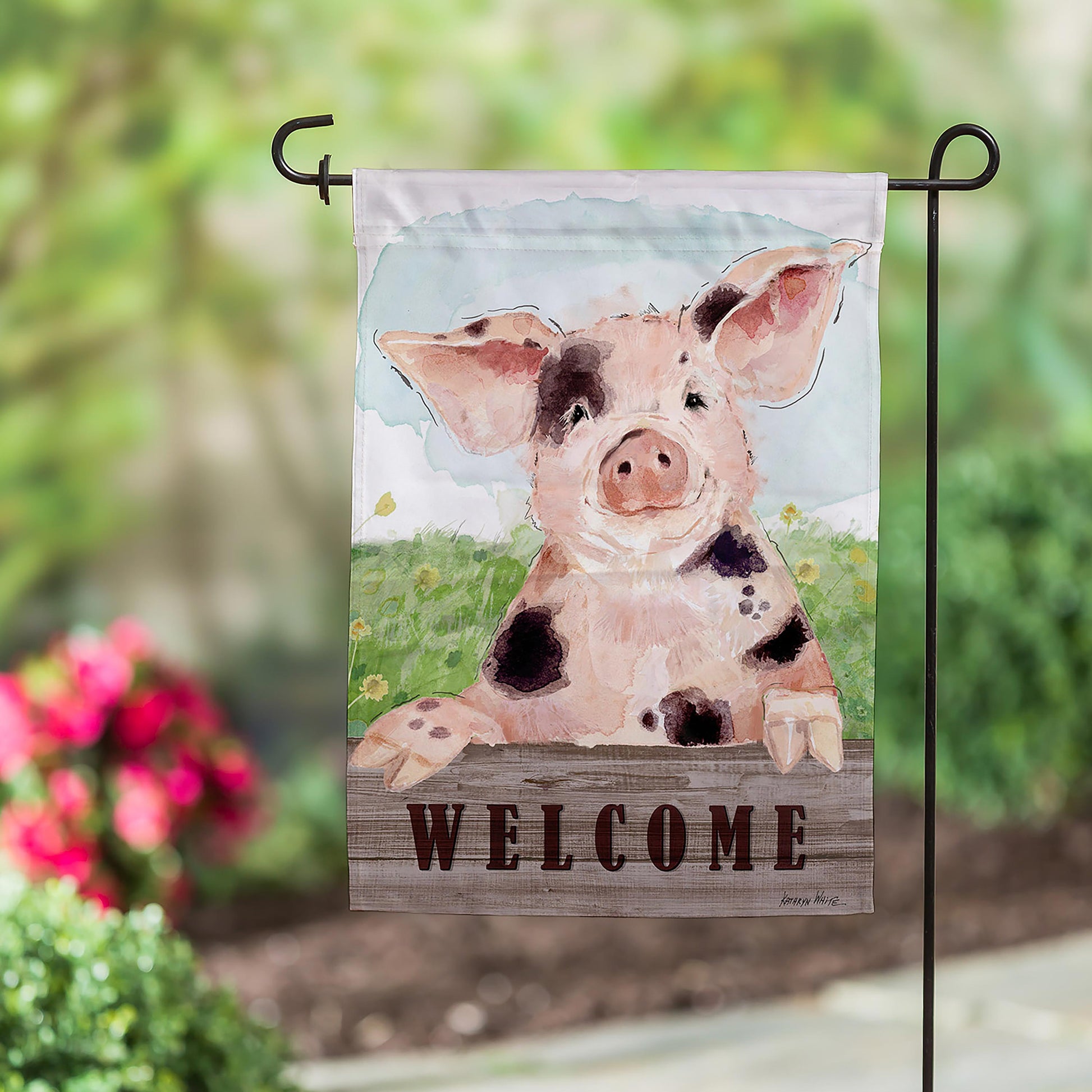 Spotted Pig Garden Suede Flag with watercolor pig illustration on stake Evergreen Enterprises on Tampa Home & Garden Store