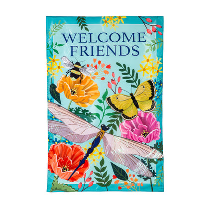 Greenhouse Garden Welcome Friends applique house flag turquoise background with flowers on Tampa Home & Garden Store