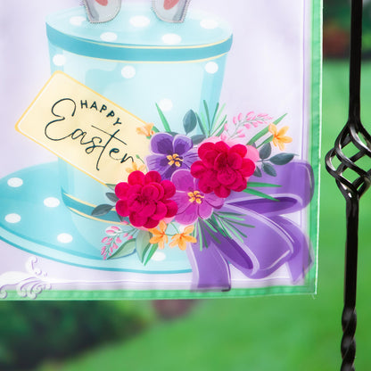 Happy Easter Floral Hat Applique Garden Flag pastel blue with white dots and bouquet on Tampa Home & Garden Store