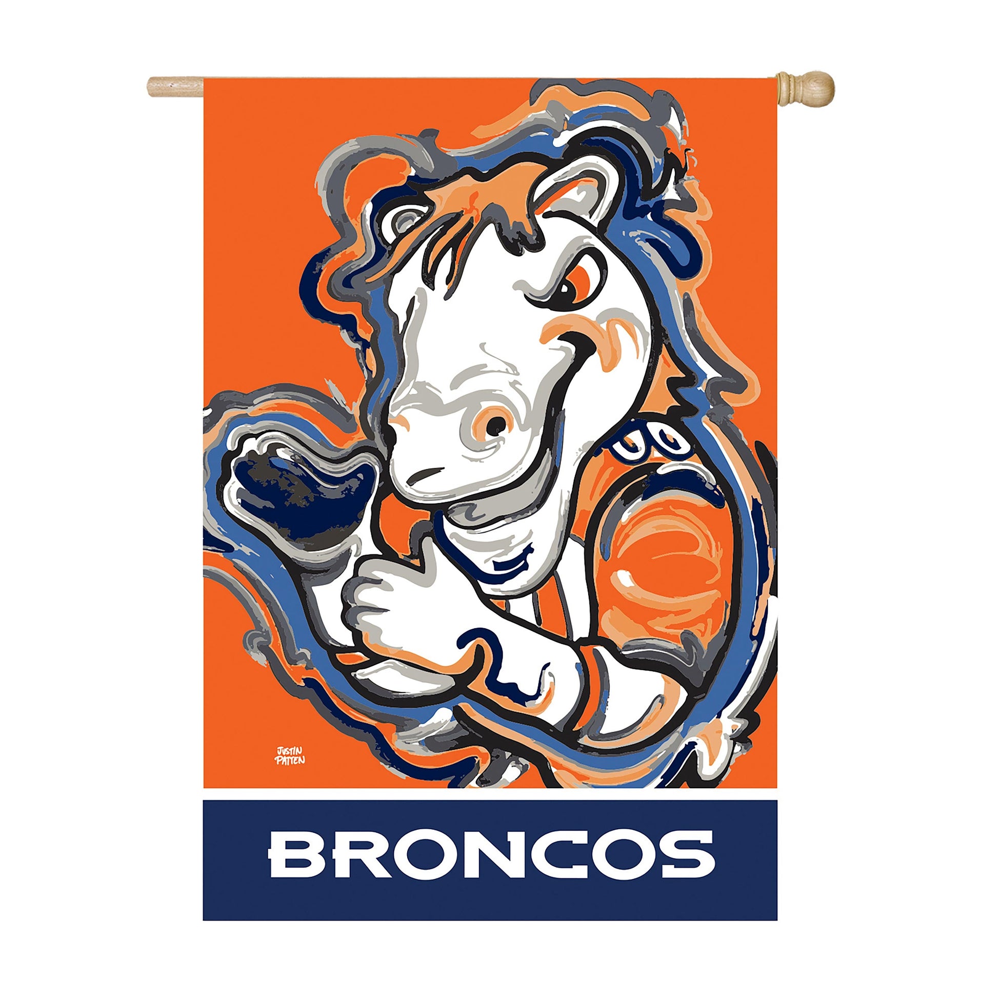 Suede flag Denver Broncos dog artwork on orange background with blue accents Evergreen on Tampa Home & Garden Store