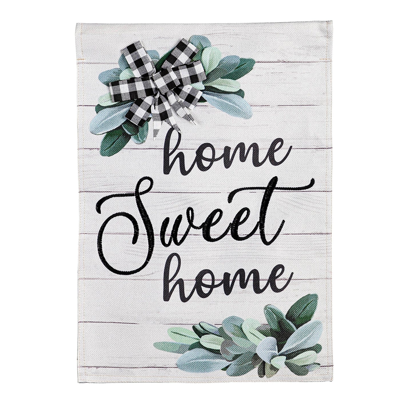 Home Sweet Home burlap flag with green eucalyptus leaves and a black-and-white gingham bow on Tampa Home & Garden Store