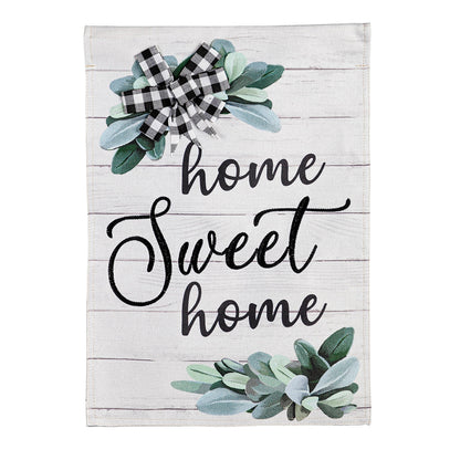 Home Sweet Home burlap flag with green eucalyptus leaves and a black-and-white gingham bow on Tampa Home & Garden Store