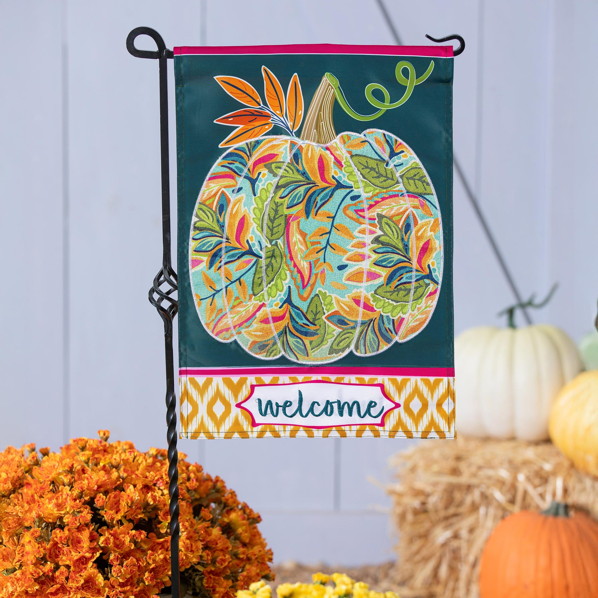 Patterned Jacobean Floral Pumpkin Applique Garden Flag with teal backdrop and pink header on Tampa Home & Garden Store