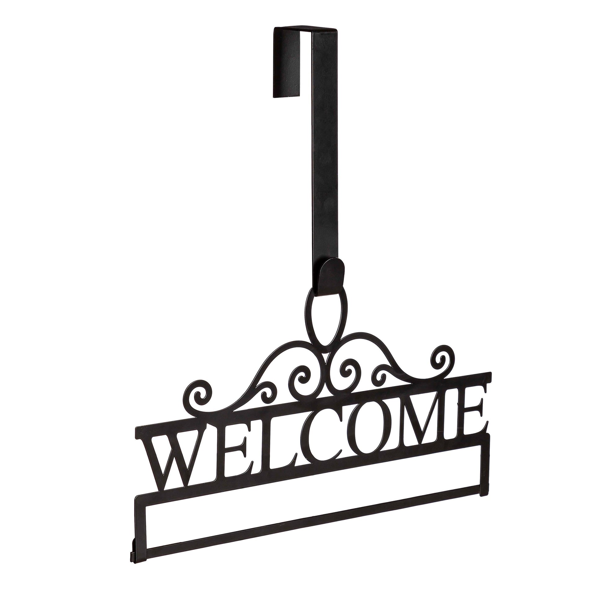 Welcome garden flag over the door hanger, black wrought-iron with decorative scrollwork on Tampa Home & Garden Store