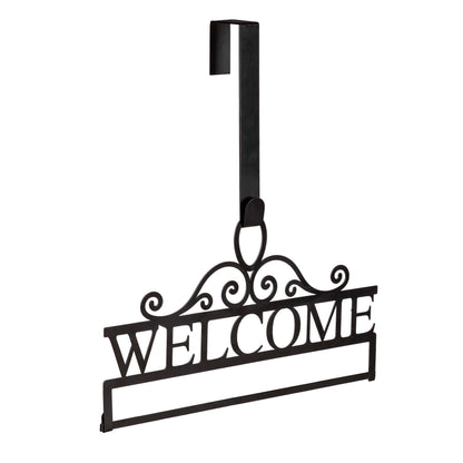 Welcome garden flag over the door hanger, black wrought-iron with decorative scrollwork on Tampa Home & Garden Store