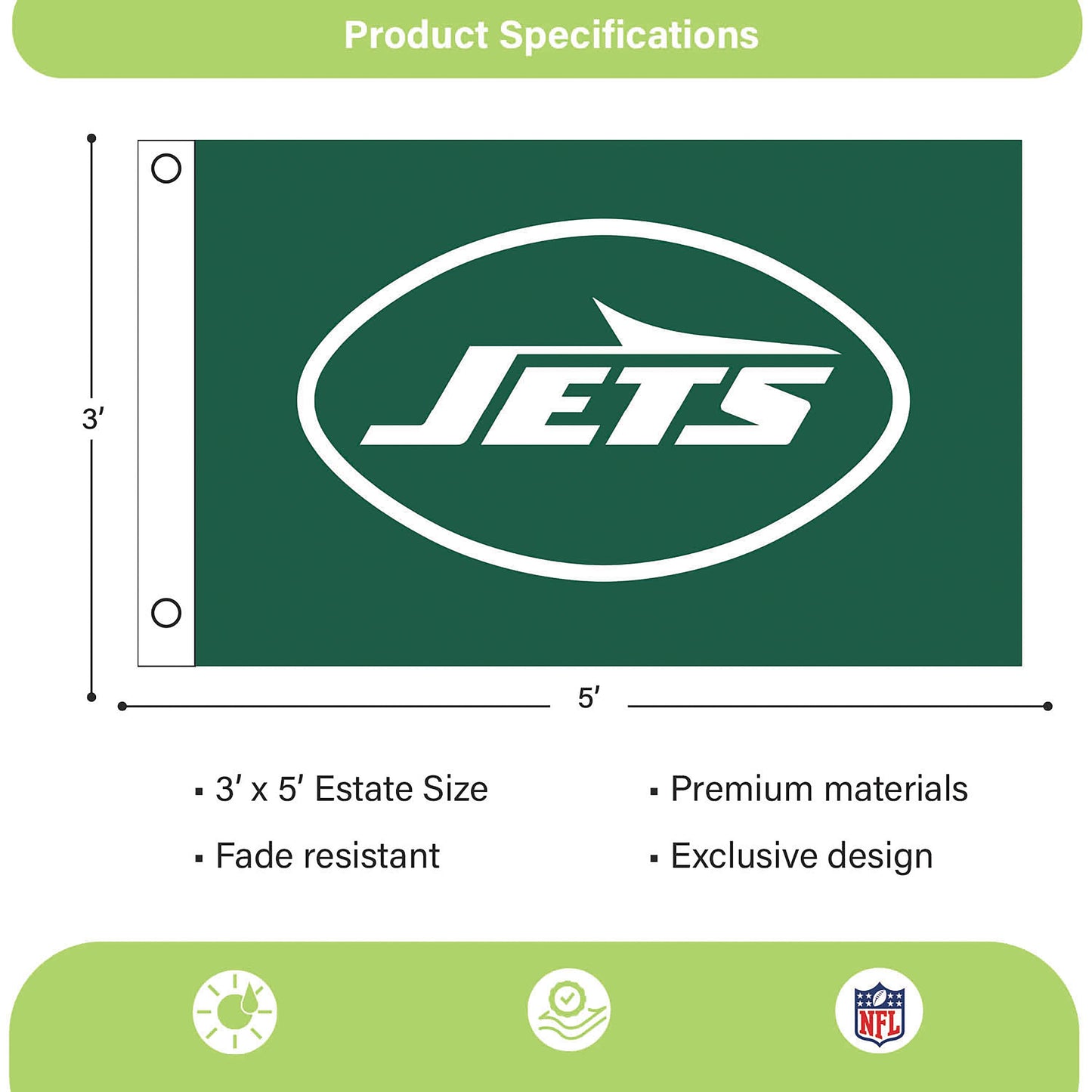 New York Jets 3x5 single-sided flag with 2 grommets, dark green background and Jets logo by Evergreen Enterprises on Tampa Home & Garden Store