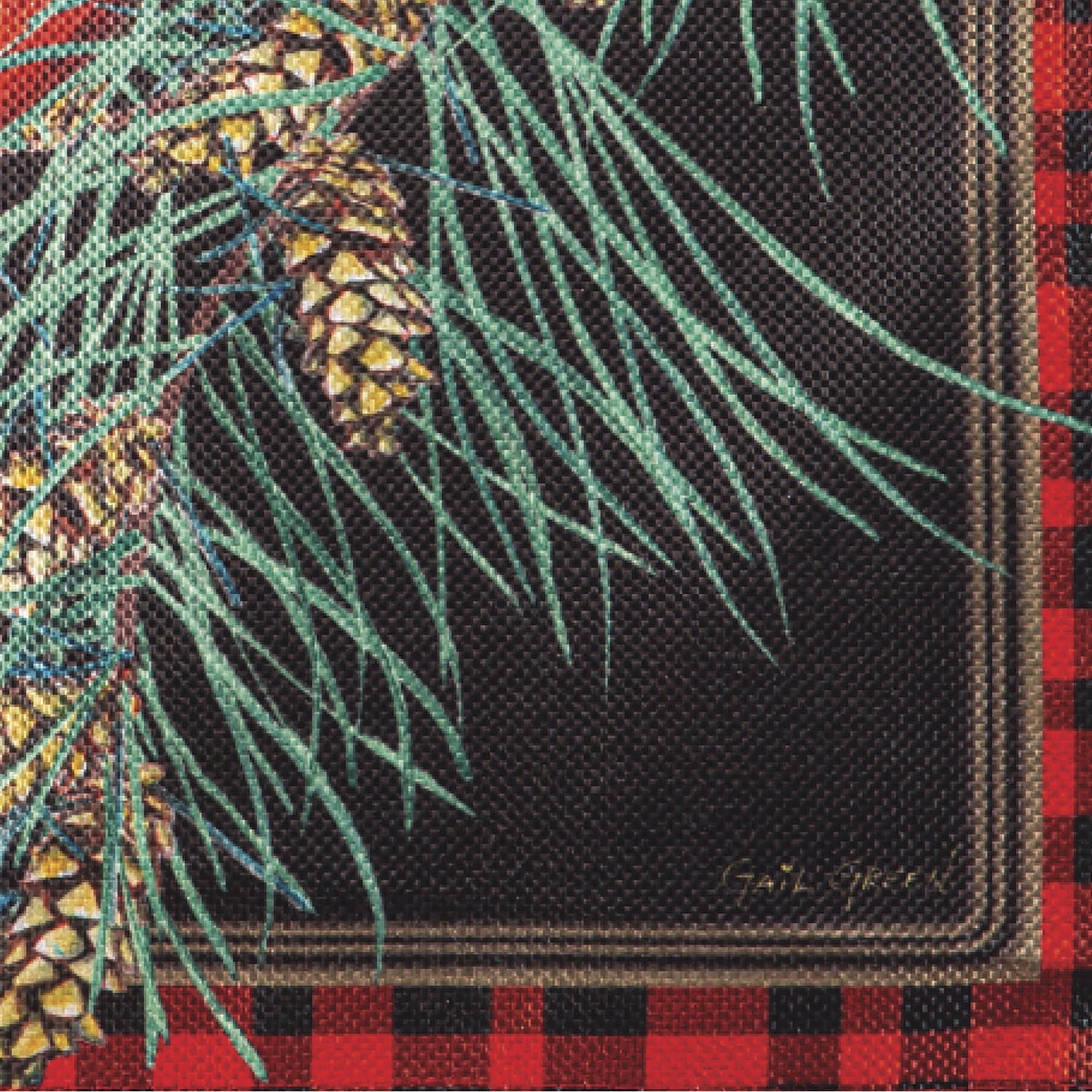 Cardinal Peace burlap garden flag close-up with teal leaf motif on dark burlap and red border on Tampa Home & Garden Store