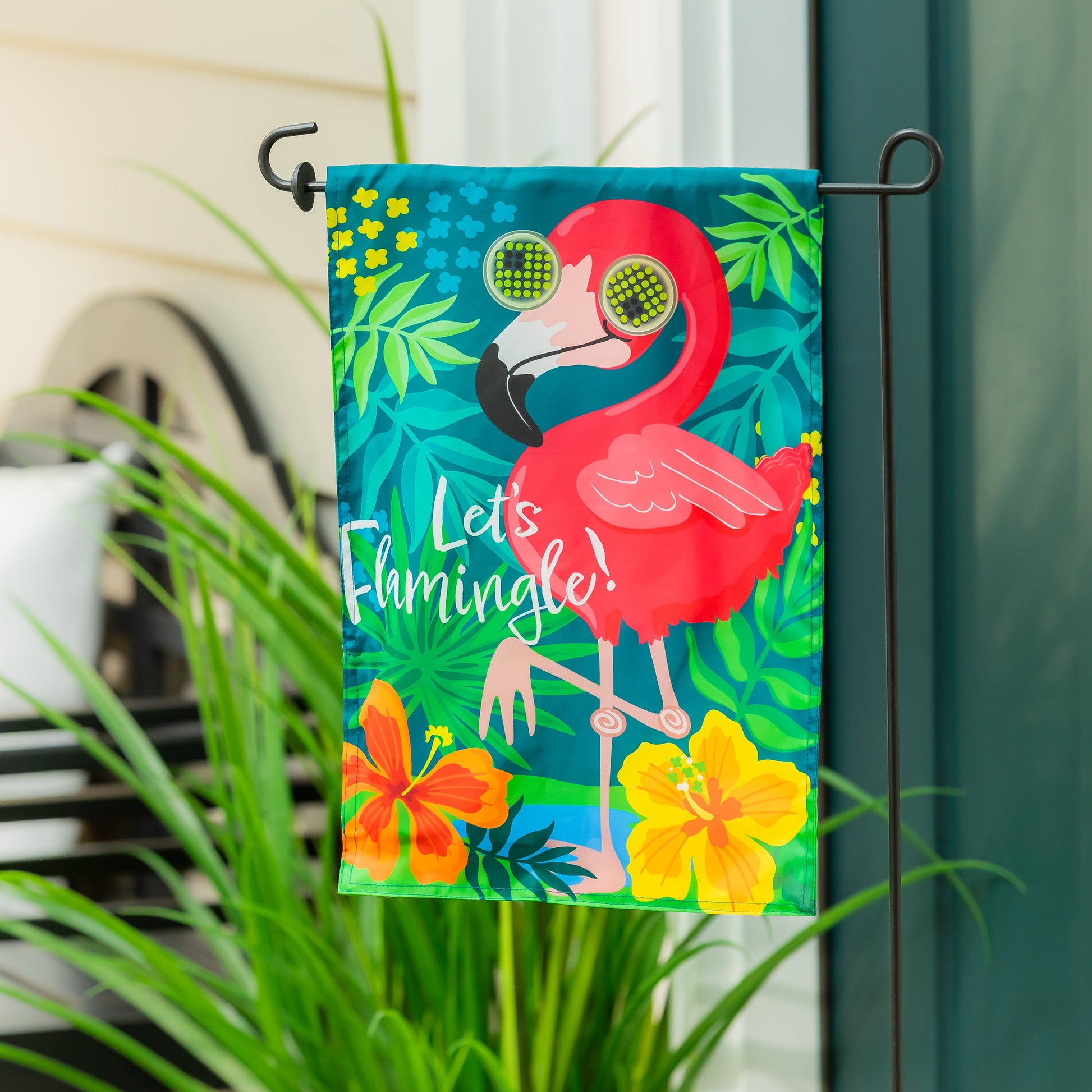 Animated Flamingo Applique Lighted Garden Flag tropical flamingo with LED accents by Evergreen on Tampa Home & Garden Store