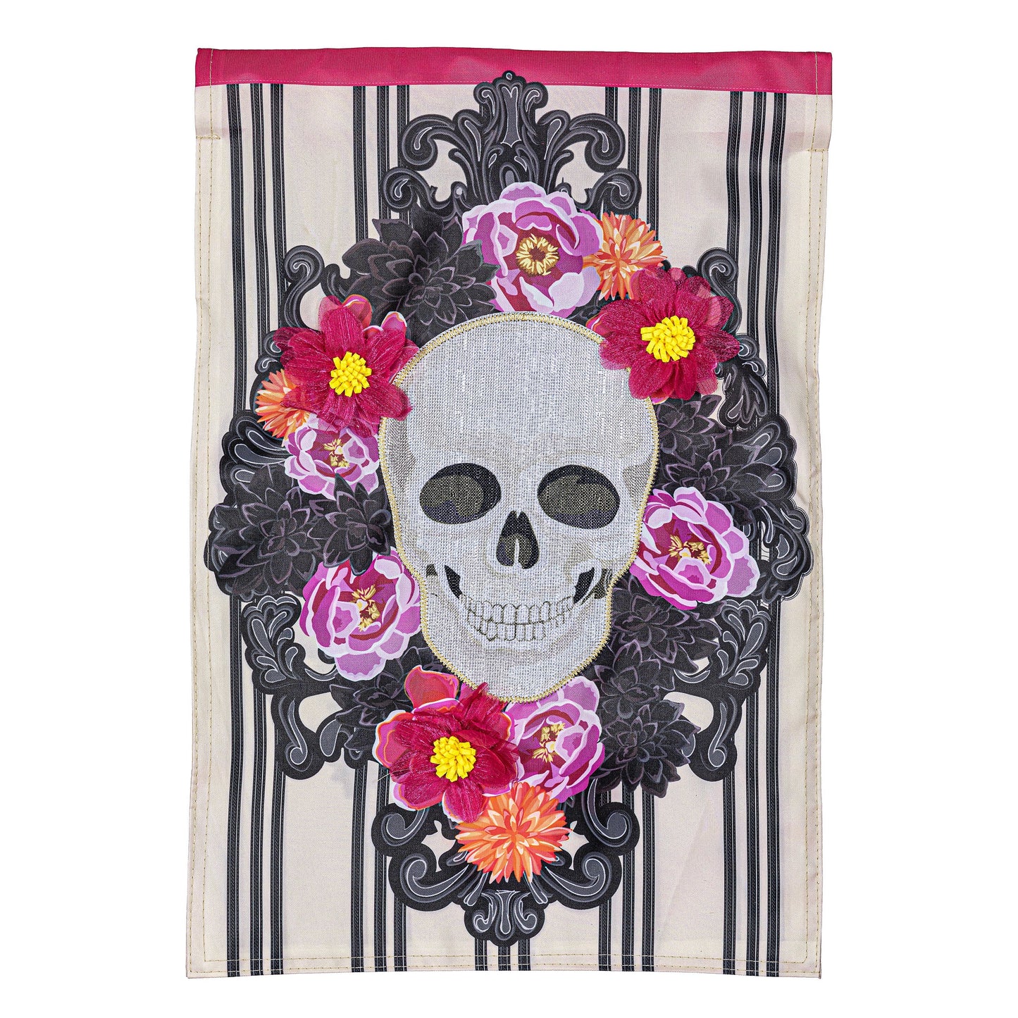 Happy Skull Floral Applique House Flag with skull and pink flowers on striped background on Tampa Home & Garden Store