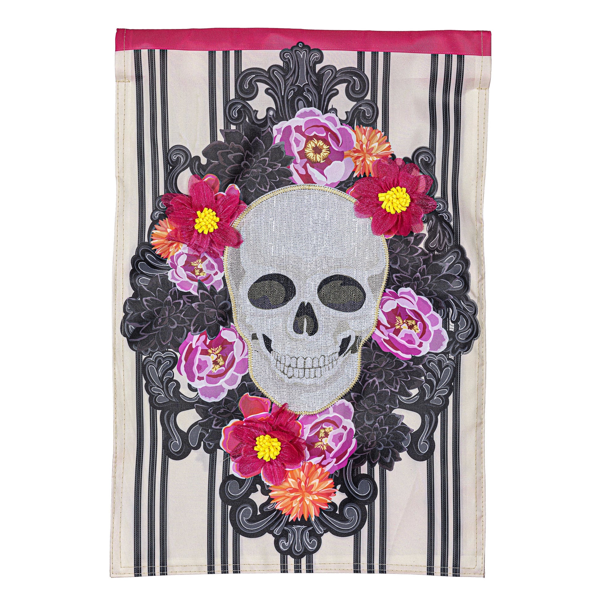 Happy Skull Floral Applique House Flag with skull and pink flowers on striped background on Tampa Home & Garden Store