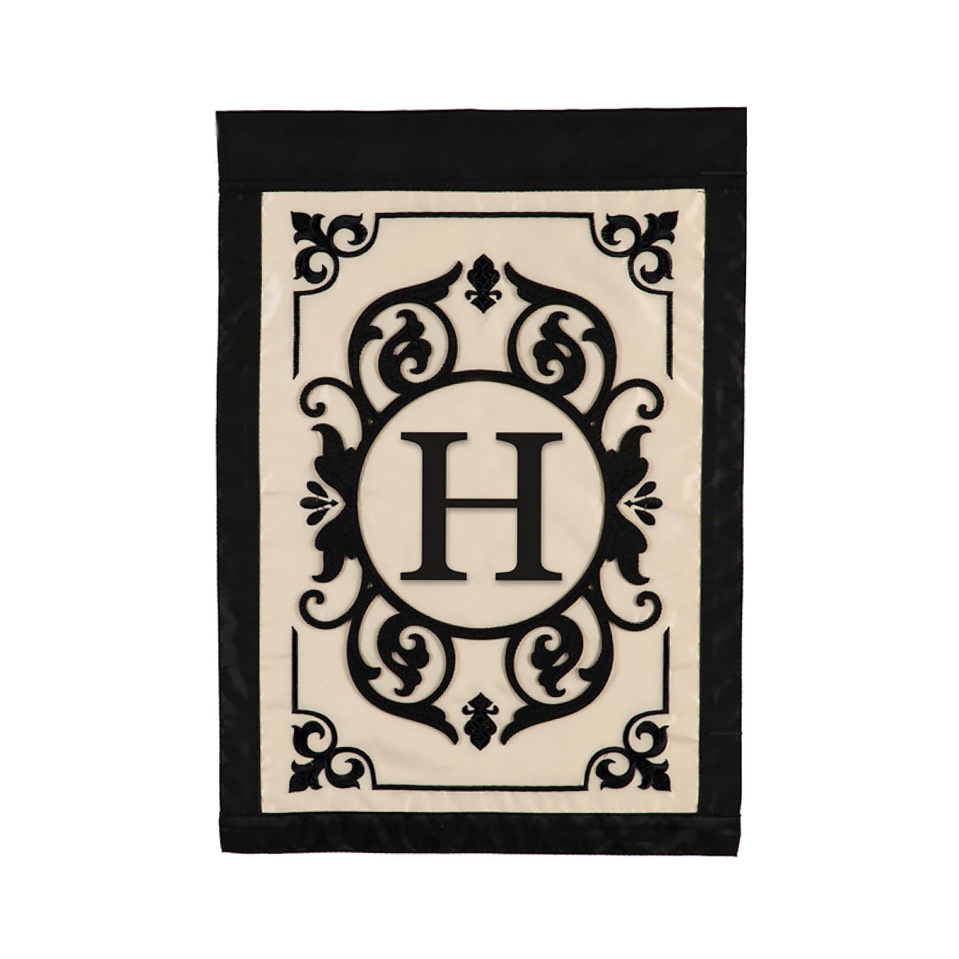 Cambridge Monogram Garden Applique Flag Letter H cream background with black crest Evergreen on Tampa Home & Garden Store