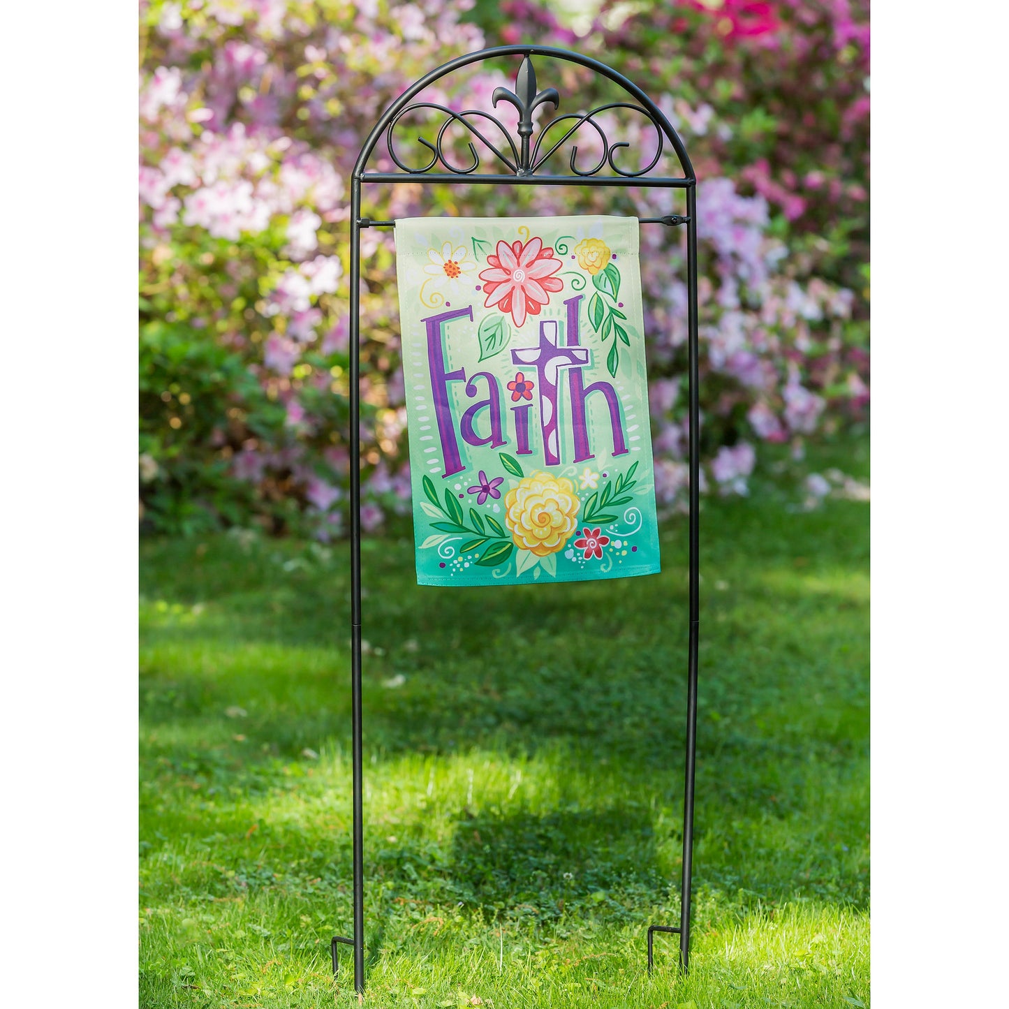 Fleur de Lis Garden Flag Arbor Stand, black metal arch with fleur-de-lis topper on Tampa Home & Garden Store