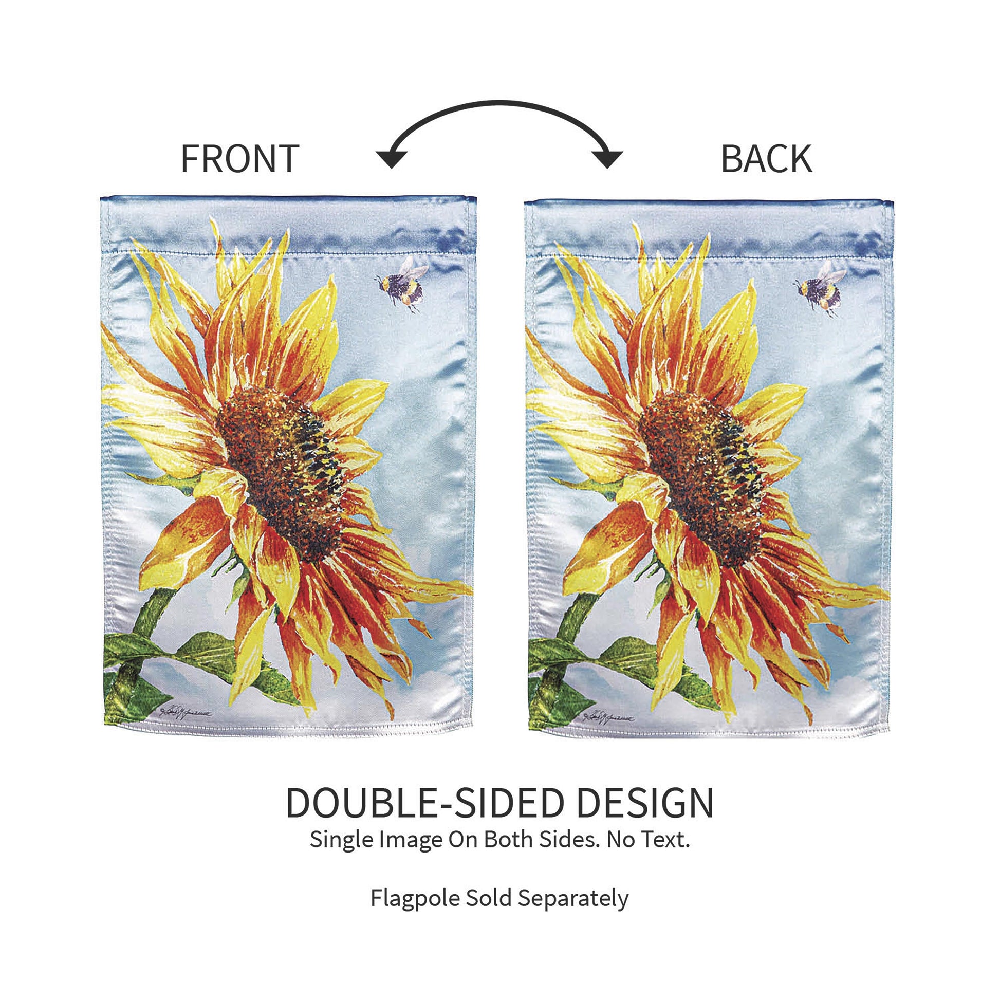 New Morning Sunflower Lustre Garden Flag, set of two, double-sided design with bright sunflowers on a blue background on Tampa Home & Garden Store