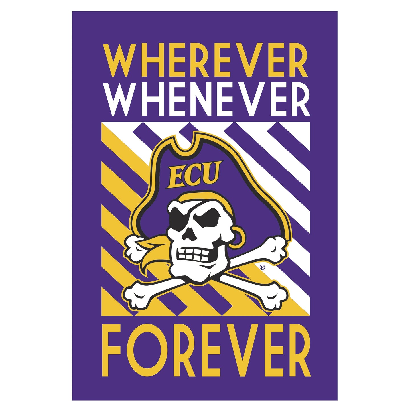 ECU WWF House Flag lustre flag in purple and gold with pirate skull logo on Tampa Home & Garden Store