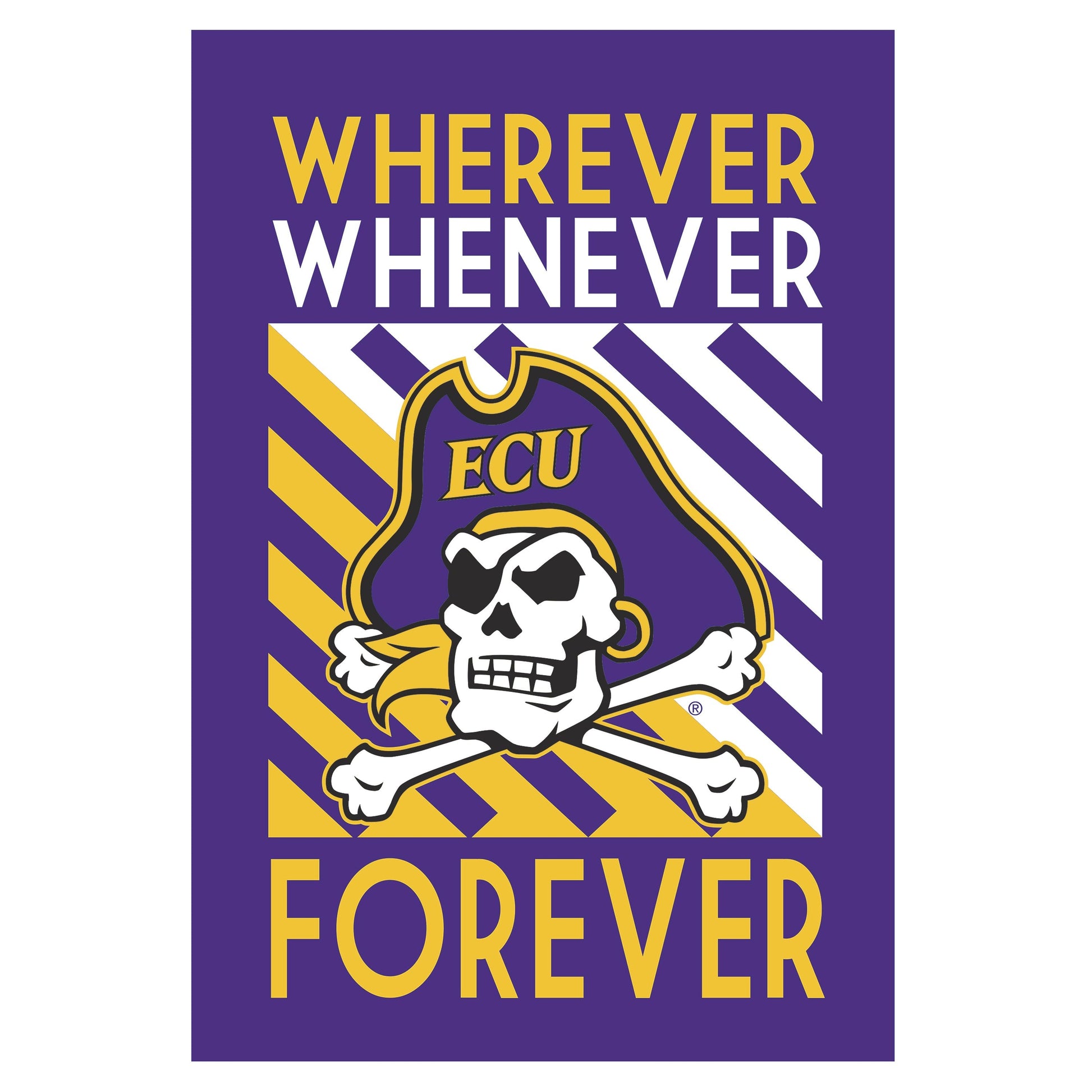 ECU WWF House Flag lustre flag in purple and gold with pirate skull logo on Tampa Home & Garden Store