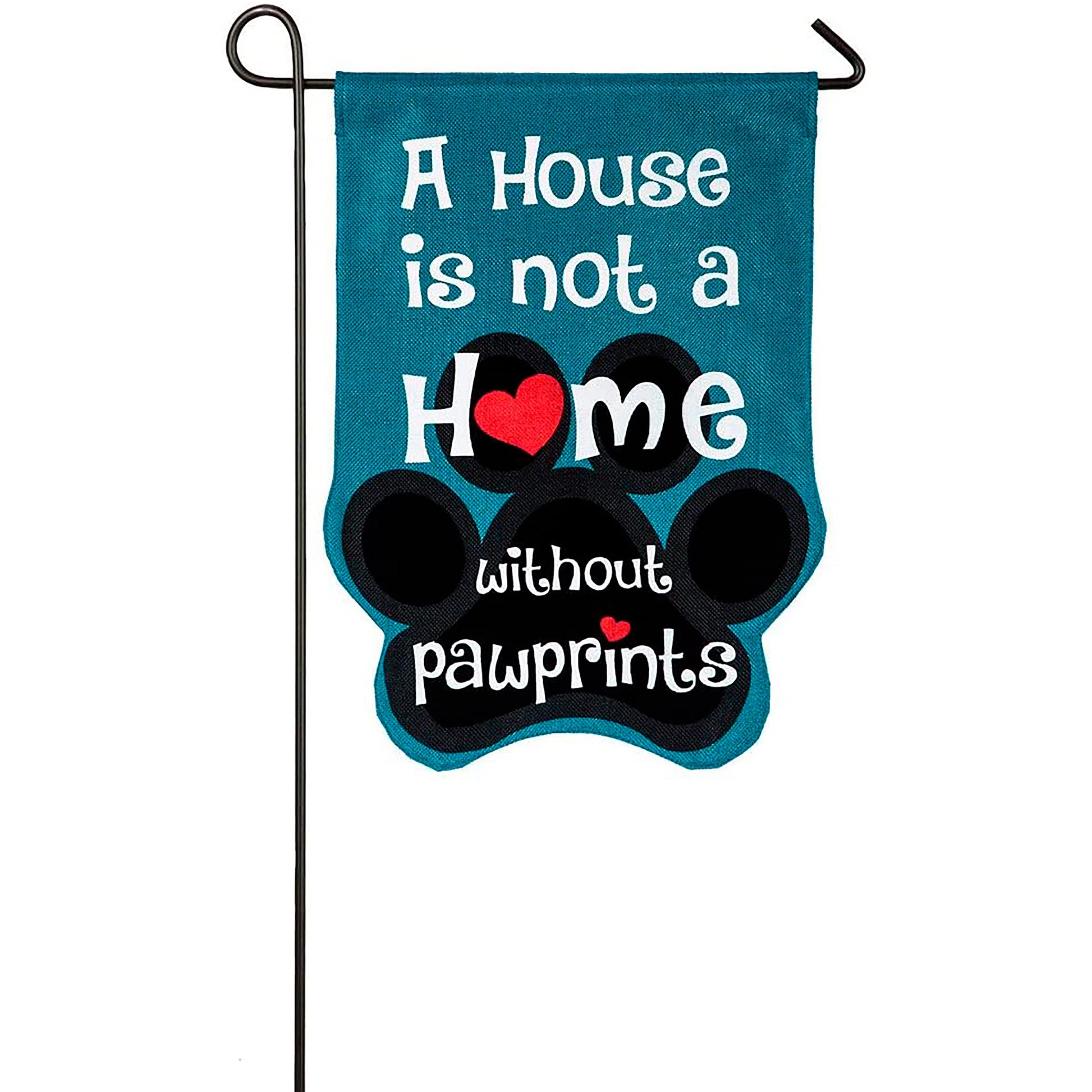 Paw Prints Garden Burlap Flag teal burlap with white pawprint text on a metal garden stake on Tampa Home & Garden Store
