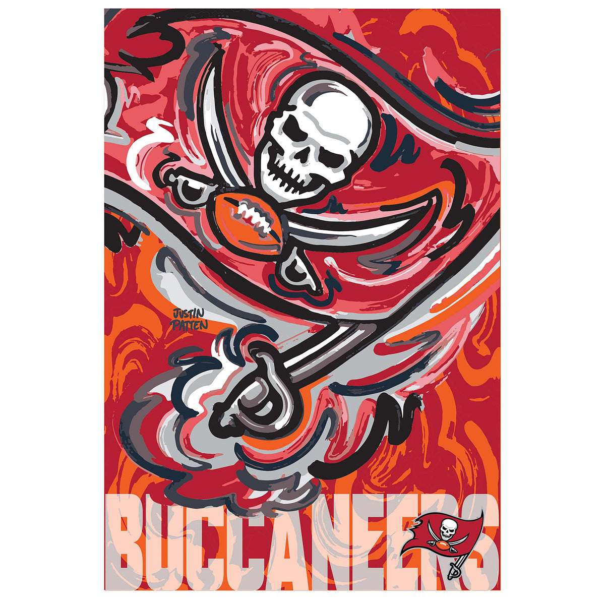 Suede Flags Tampa Bay flag with Justin Patten logo skull design in red swirl Evergreen Ent. on Tampa Home & Garden Store