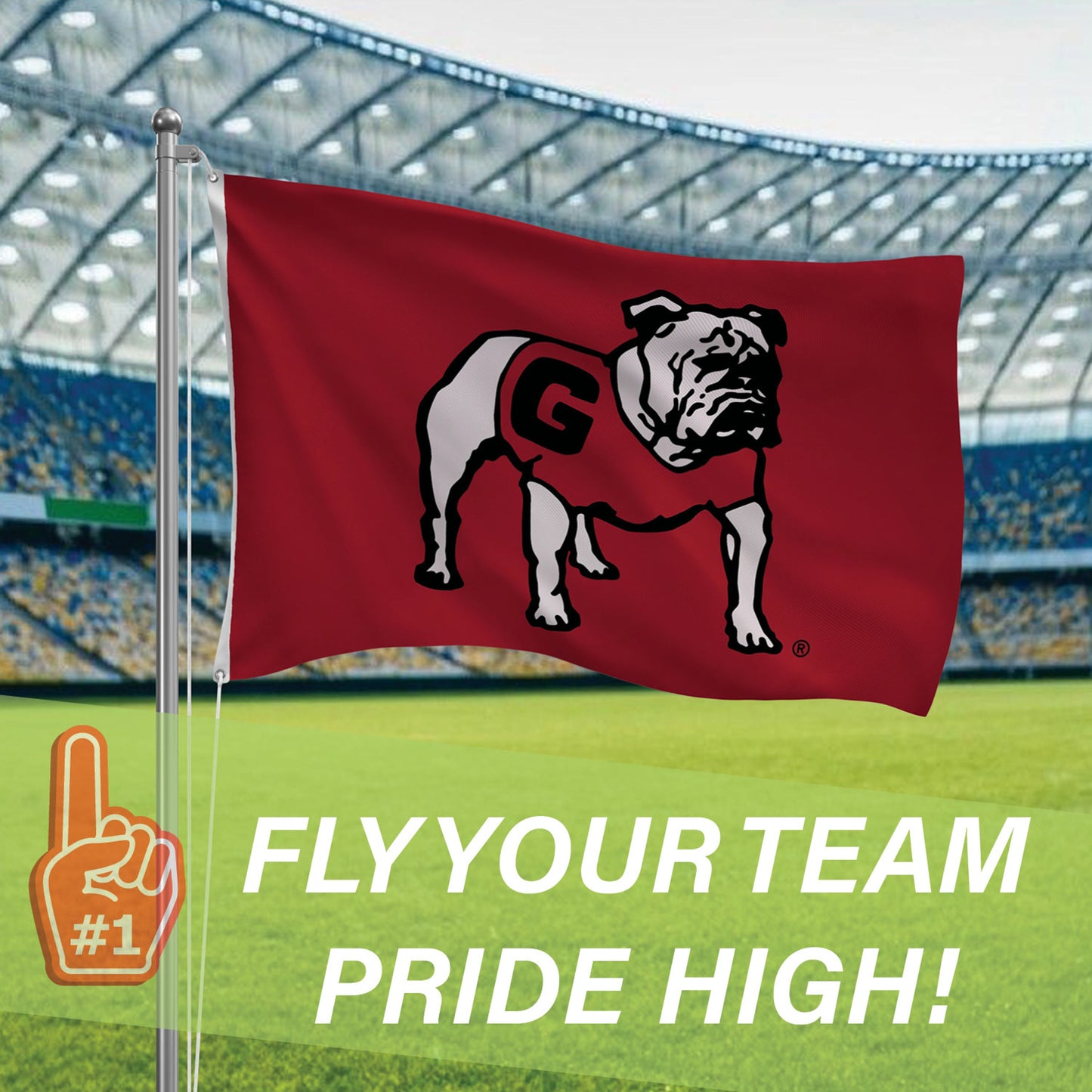 University of Georgia single-sided estate flag 3x5 with bulldog logo, 2 grommets on a flagpole on Tampa Home & Garden Store