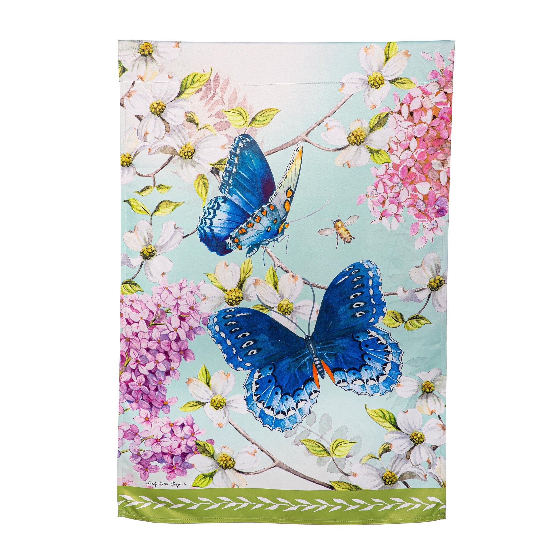 My Garden Suede House Flag by Evergreen Enterprises with blue butterflies and pink blossoms on Tampa Home & Garden Store