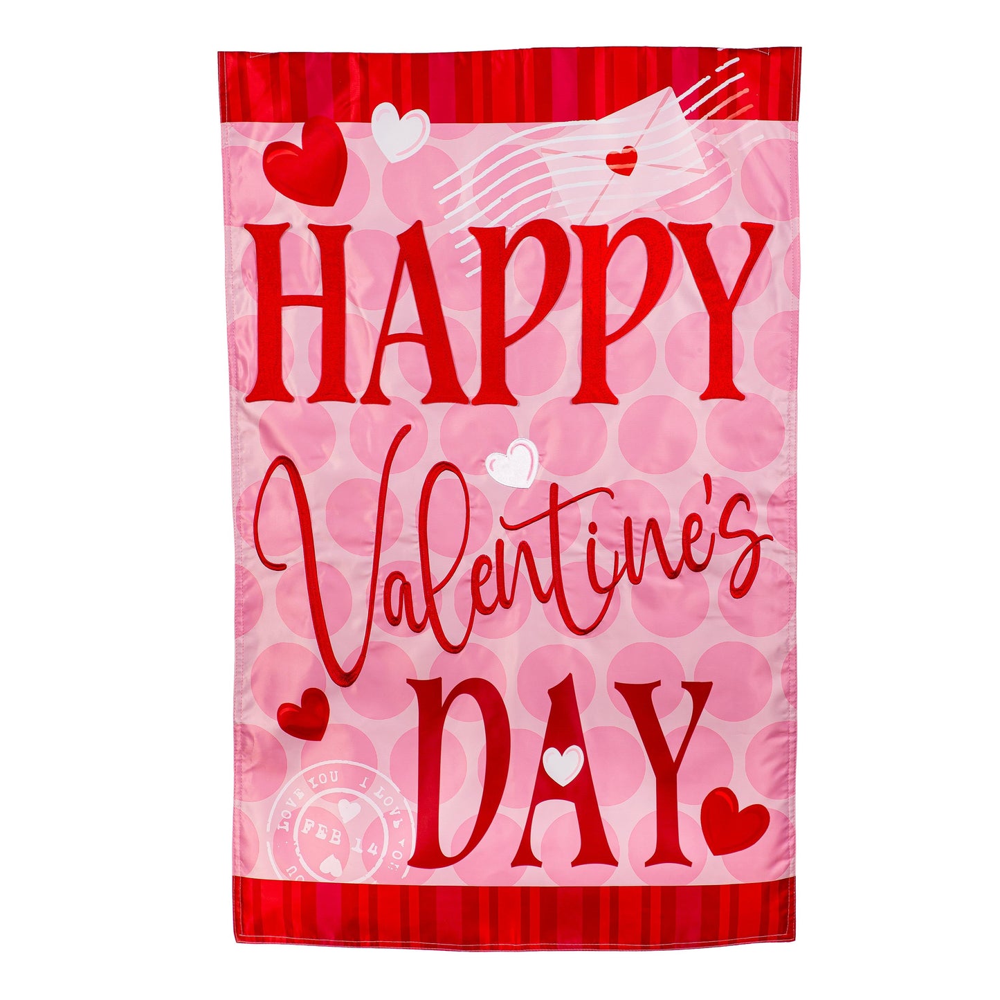 Happy Valentine's Day Hearts Applique House Flag pink background with red hearts and script on Tampa Home & Garden Store