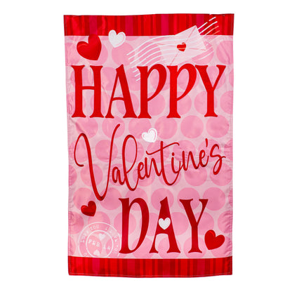 Happy Valentine's Day Hearts Applique House Flag pink background with red hearts and script on Tampa Home & Garden Store