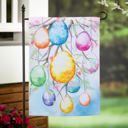Hop Into Spring Egg Tree Suede Garden Flag with colorful Easter eggs on branches lavender sky on Tampa Home & Garden Store