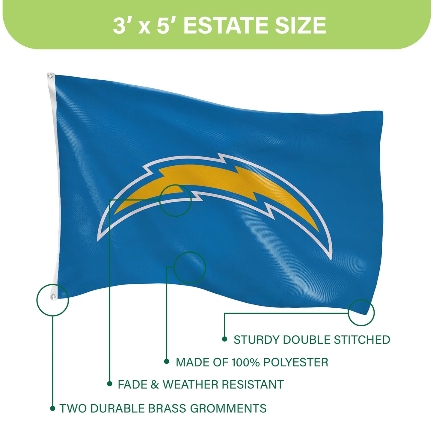 Los Angeles Chargers 3x5 estate flag, with 2 grommets and Chargers logo on blue on Tampa Home & Garden Store