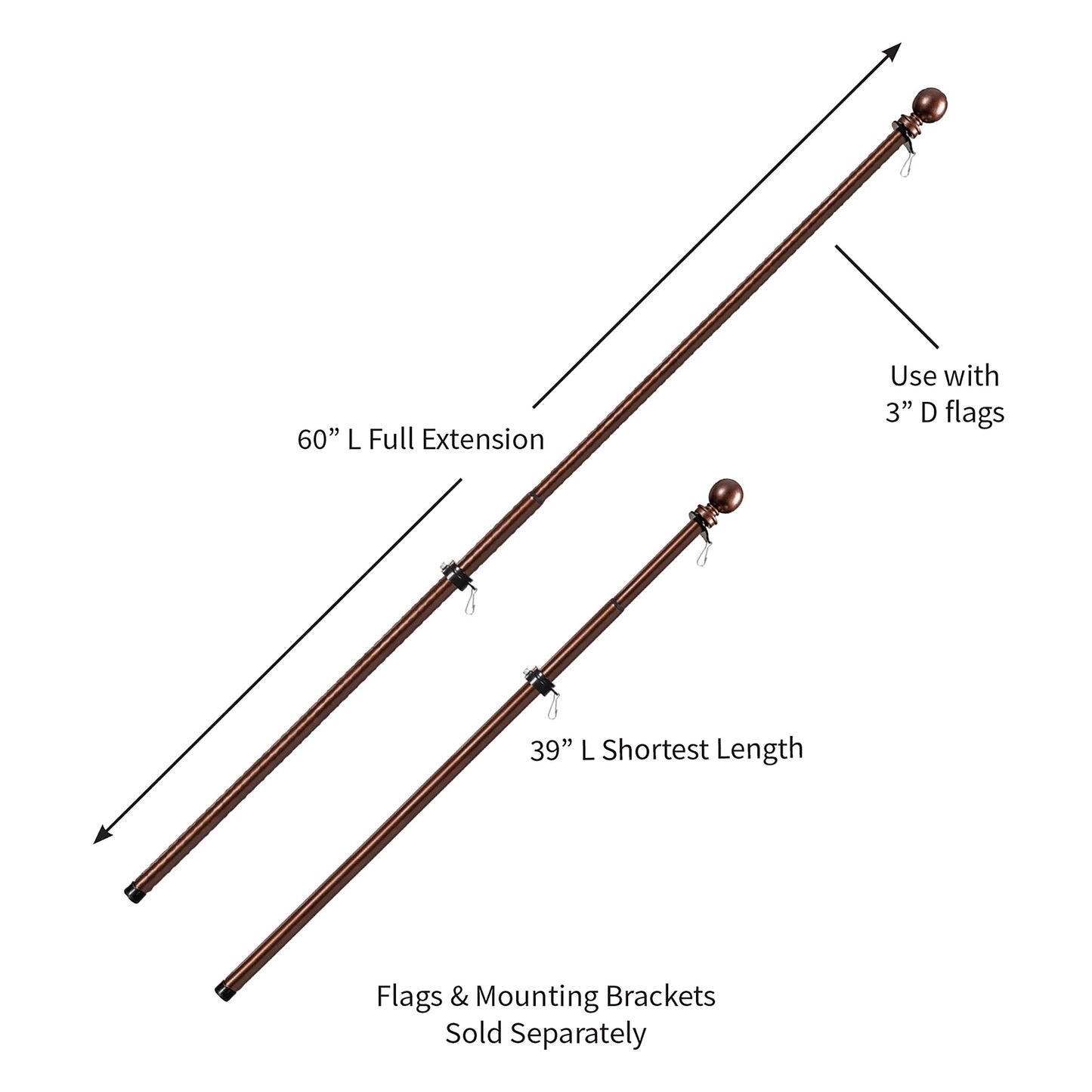 Extendable copper flag pole set with 60in full extension and 39in shortest length on Tampa Home & Garden Store