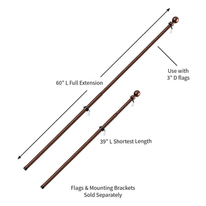 Extendable copper flag pole set with 60in full extension and 39in shortest length on Tampa Home & Garden Store