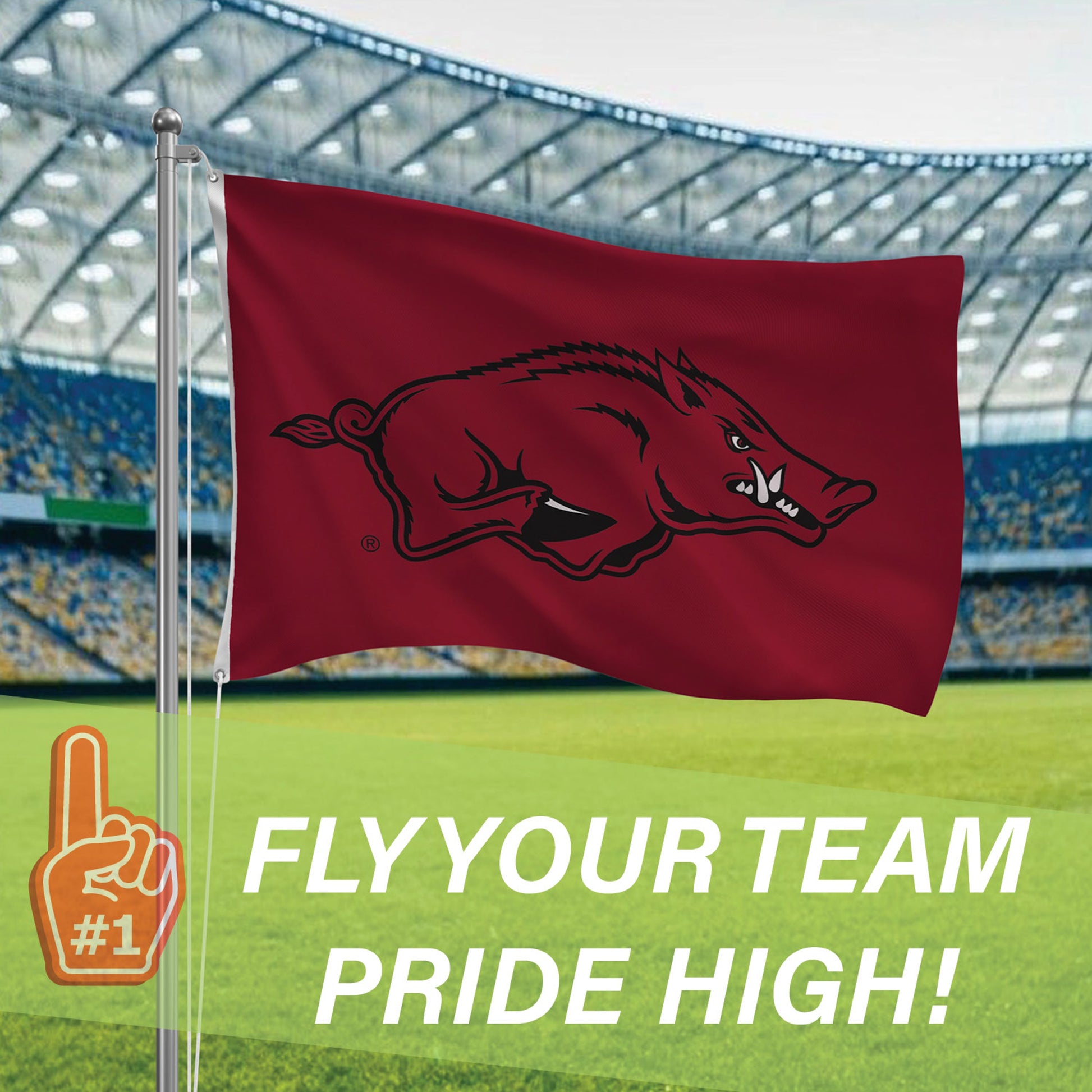 Arkansas Razorback flag, 3x5 estate, 2-grommet, maroon flag on silver pole by Evergreen on Tampa Home & Garden Store