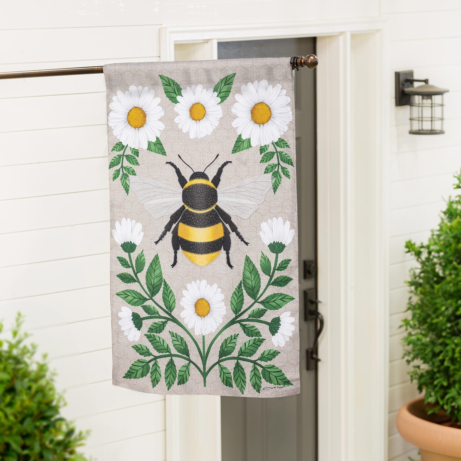 Garden Prince Burlap House Flag beige burlap with a large bee and white daisies print on Tampa Home & Garden Store