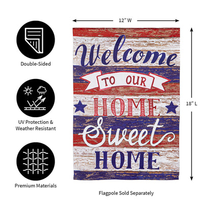 Farmhouse Home Sweet Home Garden Suede Flag double-sided with weathered wood look on Tampa Home & Garden Store