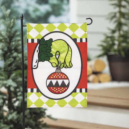 Christmas Monster Ornament Burlap Flag with lime green diamond pattern and cartoon monster on Tampa Home & Garden Store