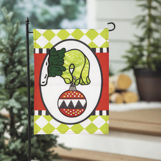 Christmas Monster Ornament Burlap Flag with lime green diamond pattern and cartoon monster on Tampa Home & Garden Store