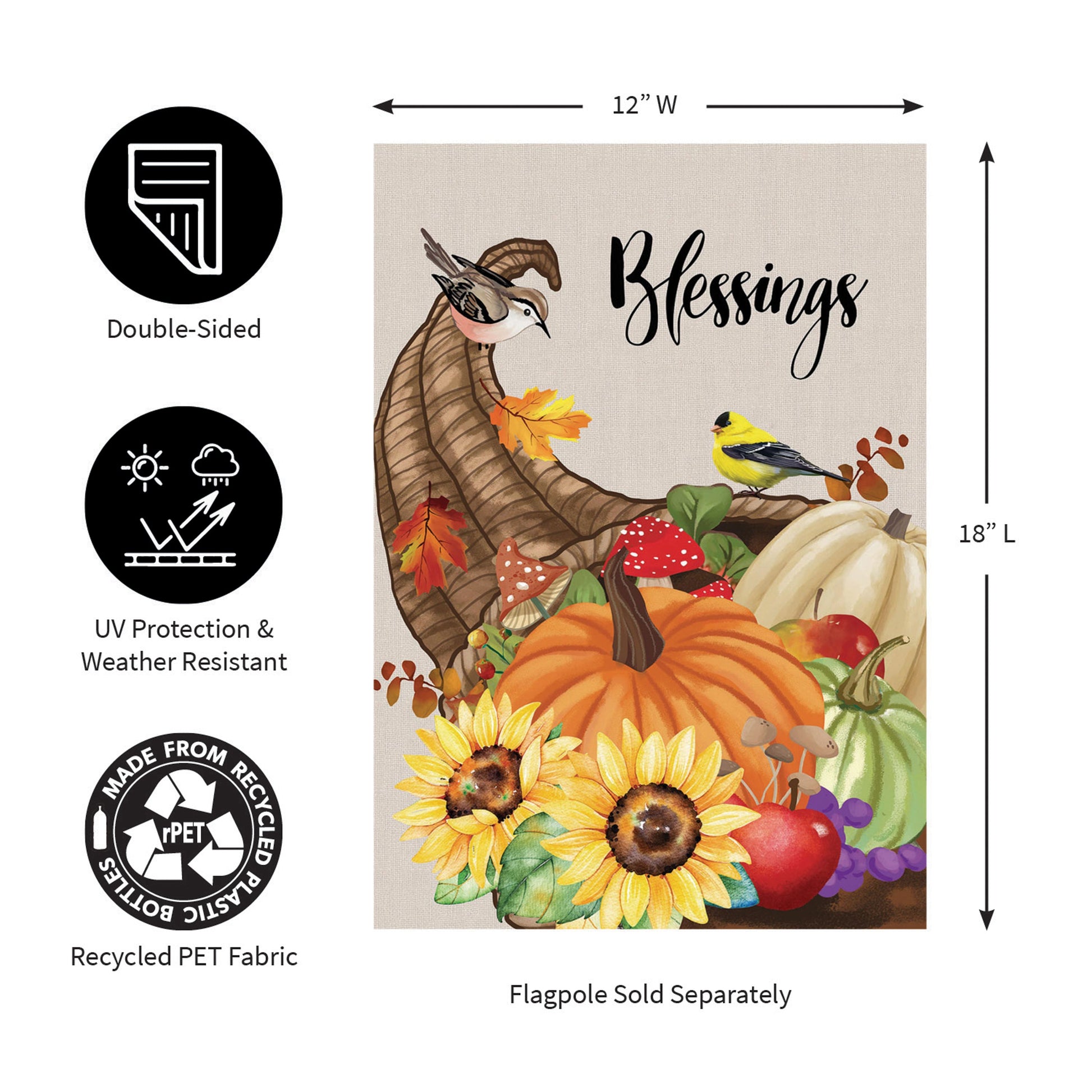 Grateful Cornucopia Suede Garden Flag beige with cornucopia, pumpkins, sunflowers Blessings text on Tampa Home & Garden Store