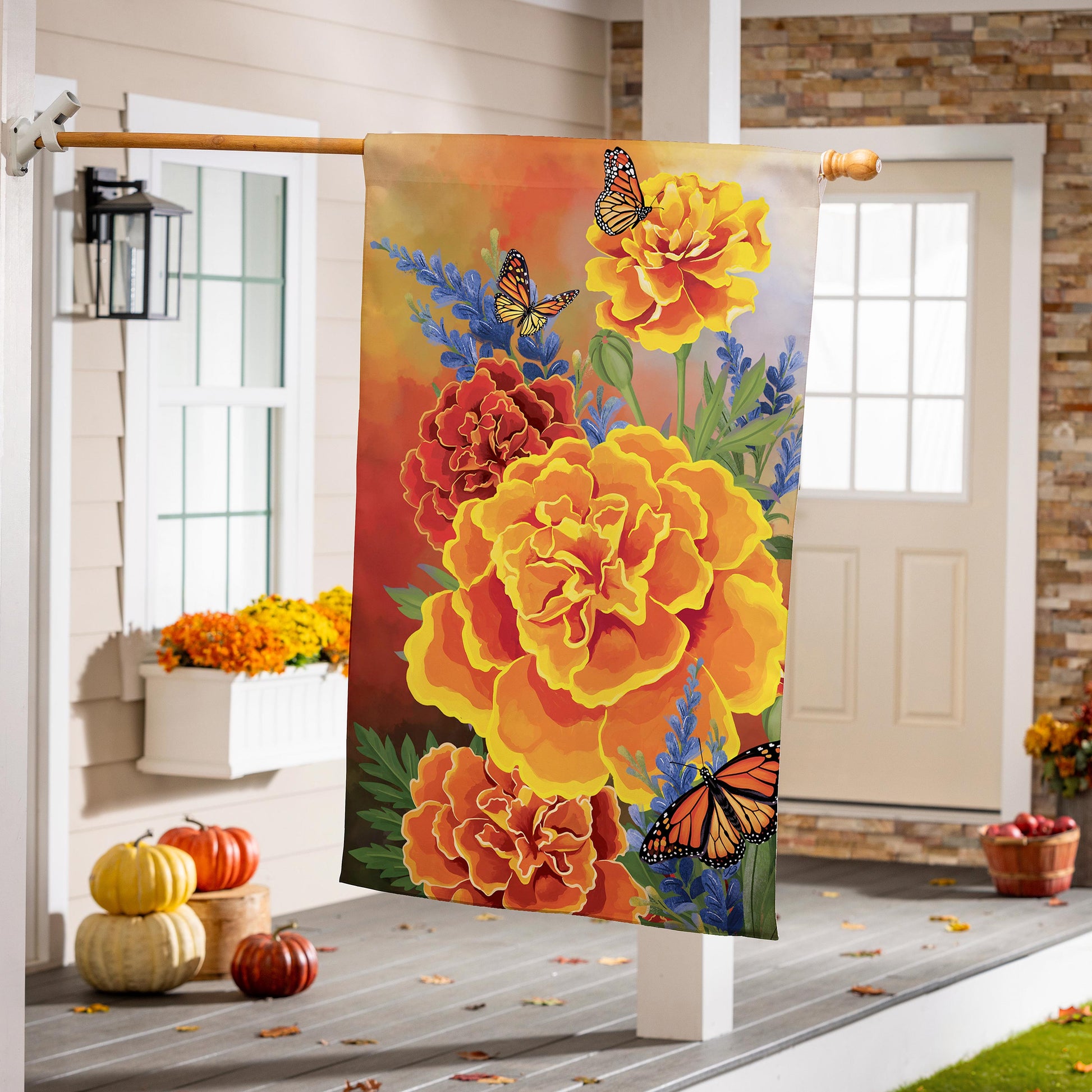 Mariposa Melody Burlap House Flag with vibrant orange yellow blooms and monarch butterflies on Tampa Home & Garden Store