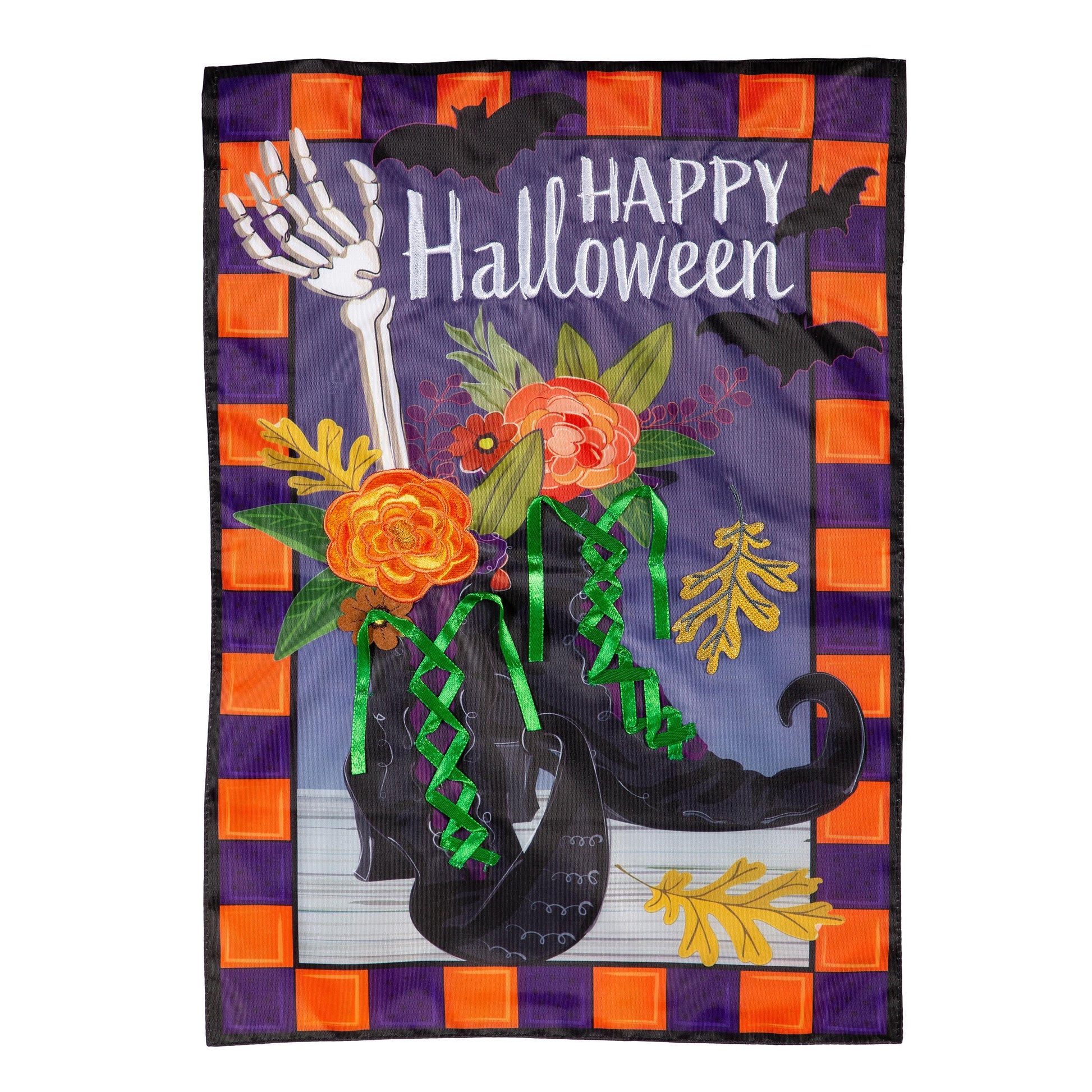 Happy Halloween Witches Boots Applique Garden Flag with purple border by Evergreen on Tampa Home & Garden Store