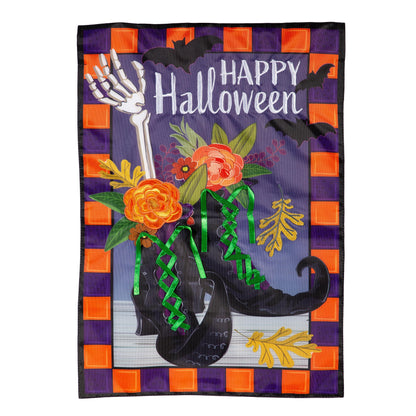 Happy Halloween Witches Boots Applique Garden Flag with purple border by Evergreen on Tampa Home & Garden Store