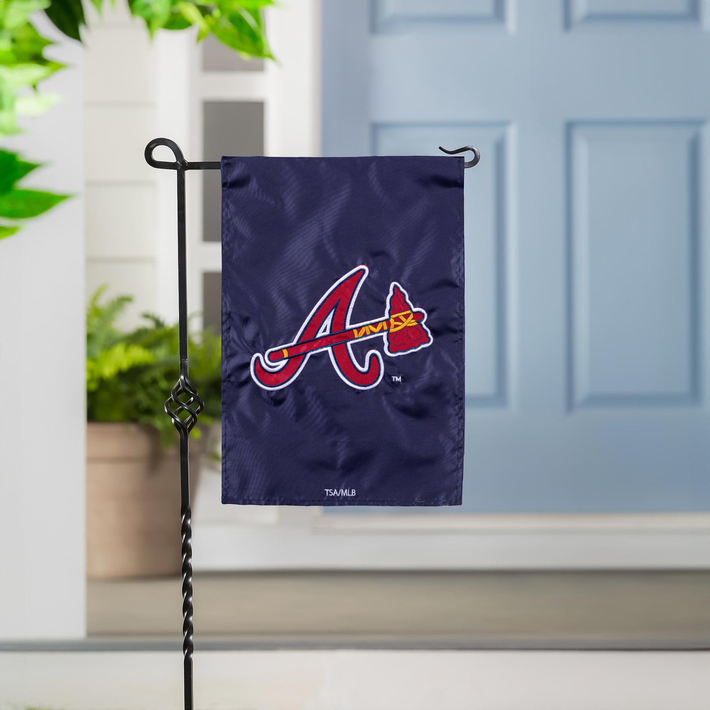 Atlanta Braves applique garden flag navy with red Braves script logo and tomahawk on Tampa Home & Garden Store