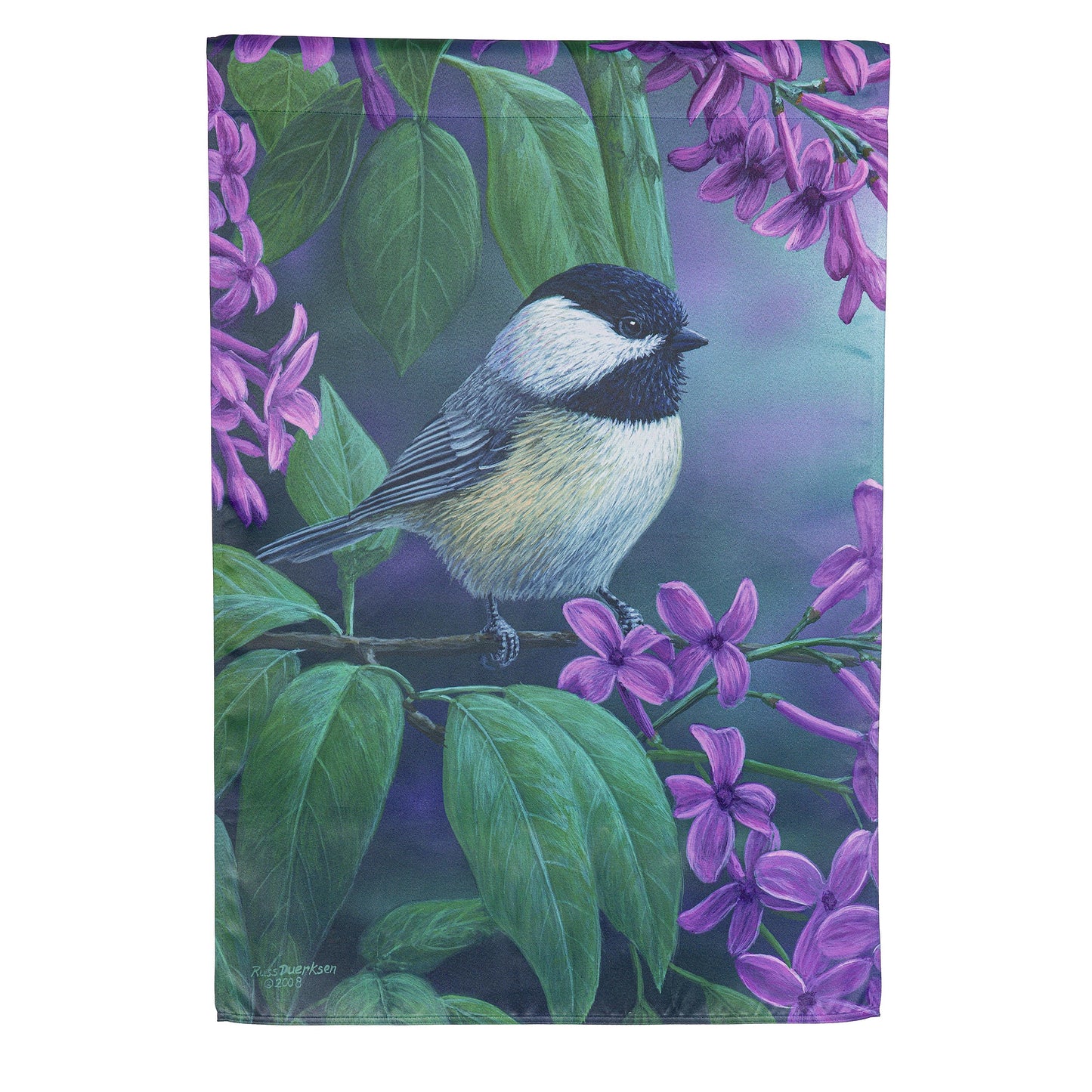 Chickadee on Lilac Suede House Flag with purple lilac blossoms and green leaves on Tampa Home & Garden Store