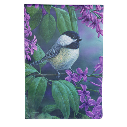 Chickadee on Lilac Suede House Flag with purple lilac blossoms and green leaves on Tampa Home & Garden Store