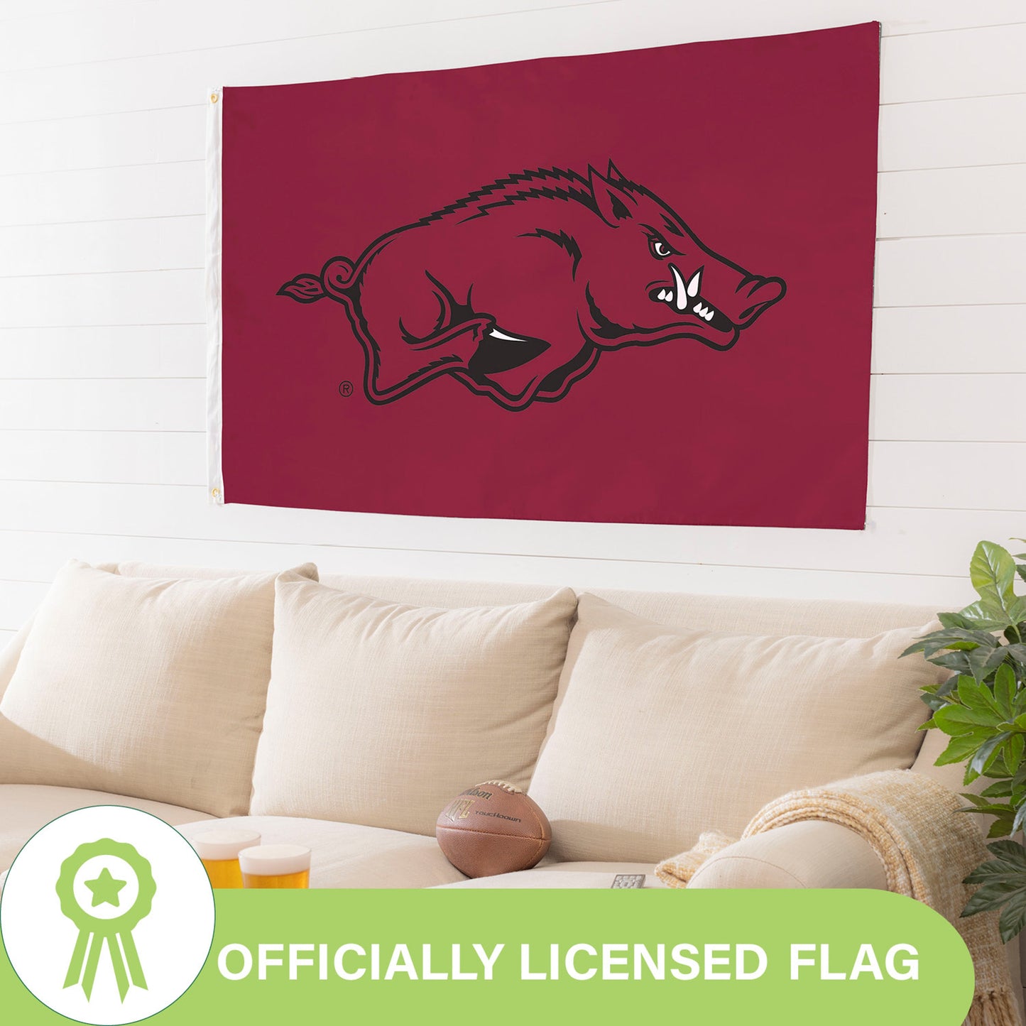 University of Arkansas 3x5 single-sided estate flag with Razorbacks logo and two grommets on Tampa Home & Garden Store