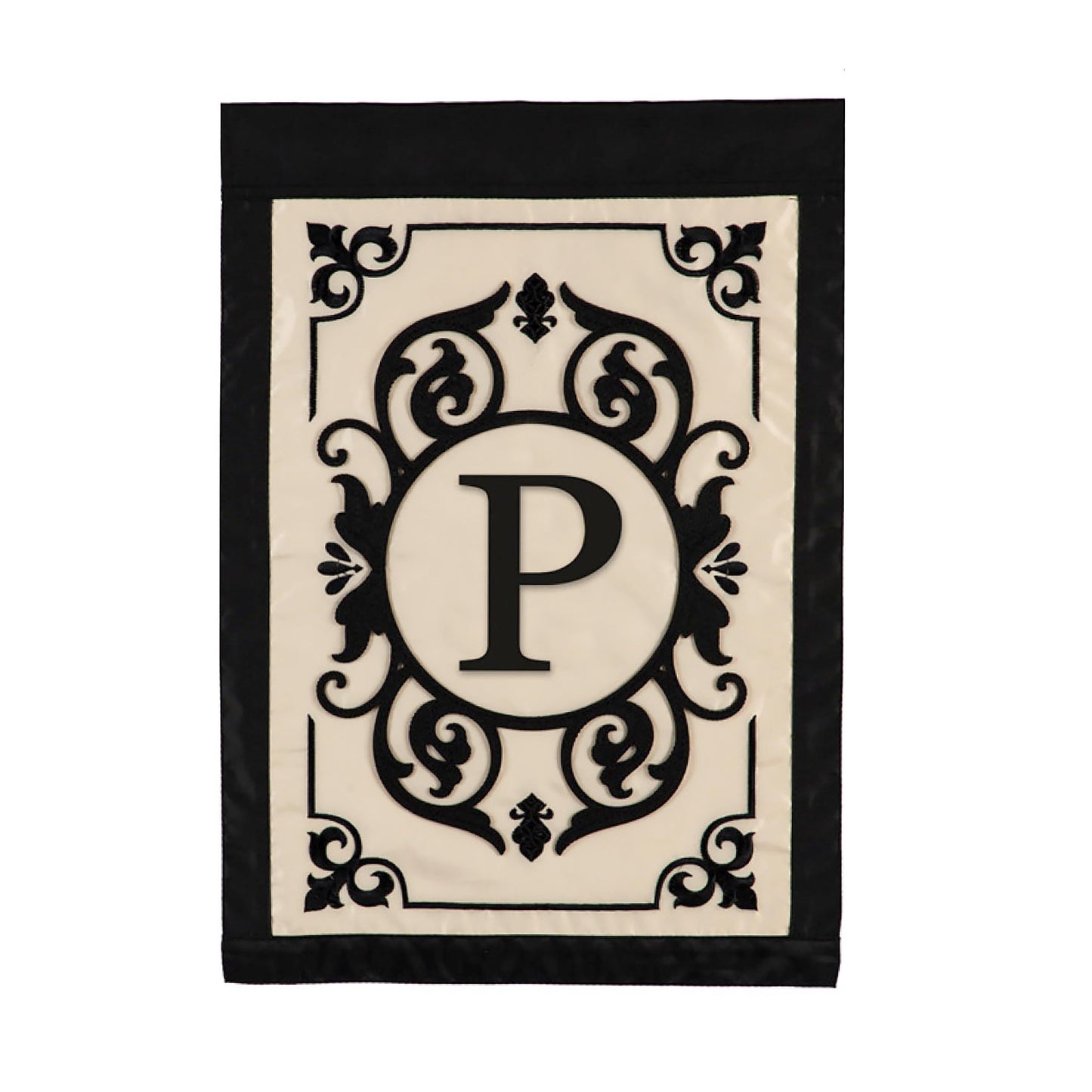 Cambridge Monogram Garden Applique Flag Letter P, cream panel with black ornate border on Tampa Home & Garden Store
